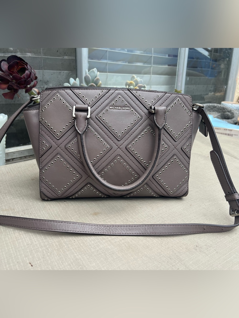 Michael Kors Mauve Taupe Studded Quilted Satchel